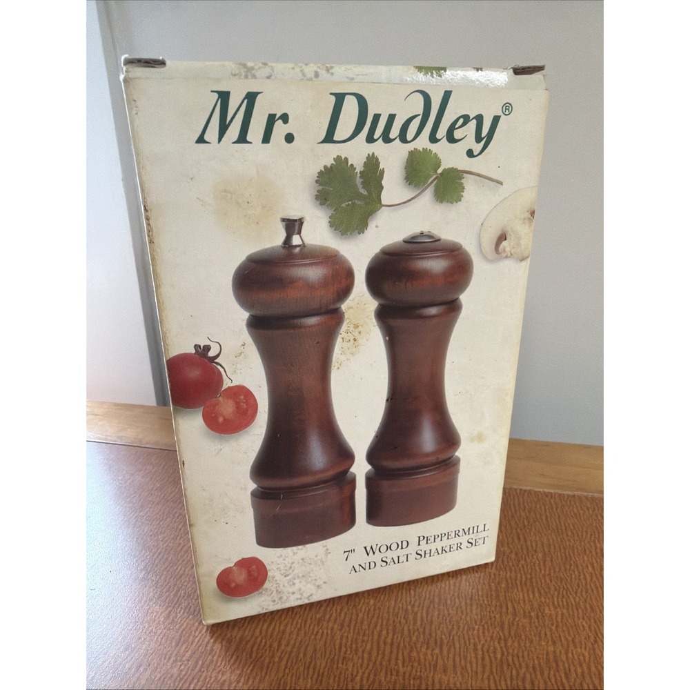 Vtg 7" Mr Dudley Salt and Pepper Mill Grinder Set Brown Wood MCM New In Box